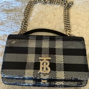 Stylish Burberry Black and White Checkered Metal Sequines Bag w/ Metal Monogram